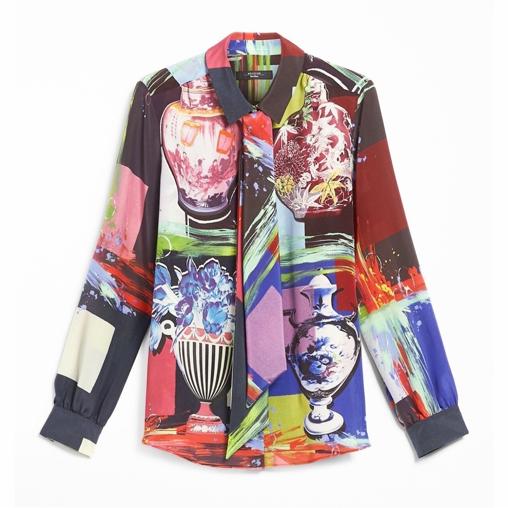 Max Mara Weekend Vase Jar Print Silk Rail Blouse Top Colorful Rainbow IT 42